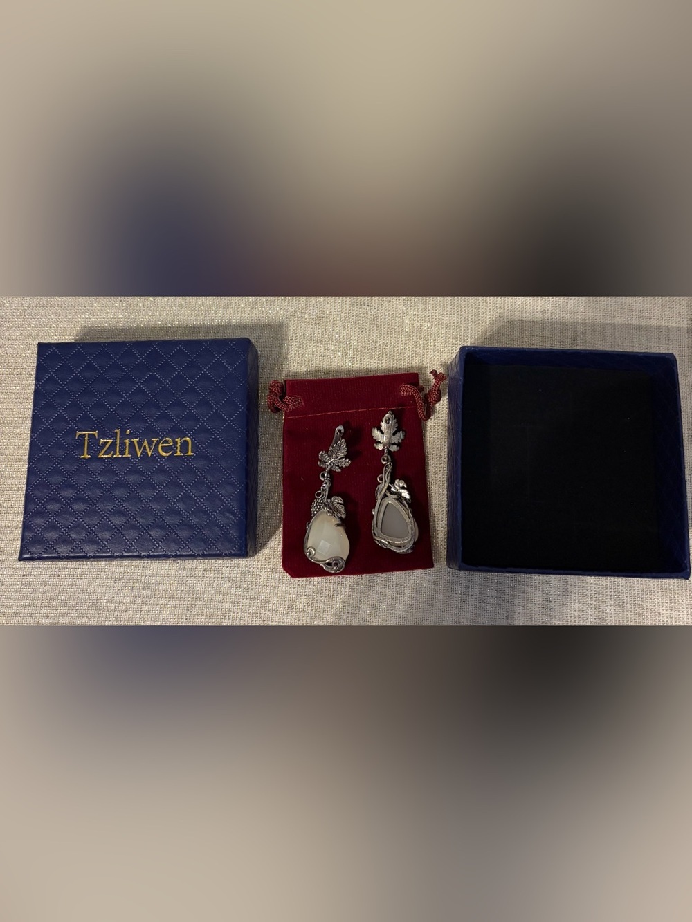 Tzliwen Silver-plated Grape Leaf Dangle Earrings with White Gemstones